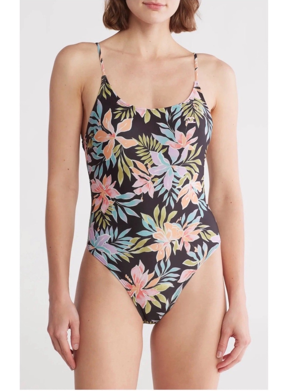 Billabong Beach Babe Black Floral Scoop-Back One-Piece Swimsuit XL